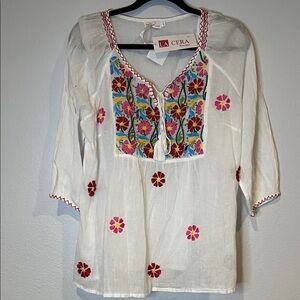 NWT La Cera Women's White Floral Embroidered Blouse cotton boho chic festival